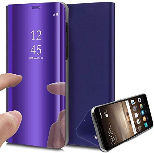 Oihxse Espejo Funda Compatible con Huawei Y6 Prime 2018/Y6 2018 Carcasa Ultra Slim Mirror Flip Translúcido View Tipo Libro Tapa Standing 360°Protectora PC + PU Cover Anti-Scratch Caso(Púrpura)