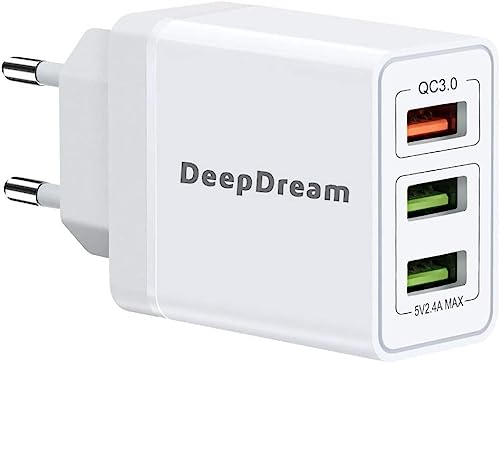 DeepDream Cargador USB, Quick Charge 3.0 30W 3 Puertos Rápido Cargador Móvil, Cargador USB de Pared para iPhone X/XS/XS MAX/XR/Samsung Galaxy S10/S9/S8+ /Huawei/HTC/Xiaomi/iPad/Tablet (Blanco)