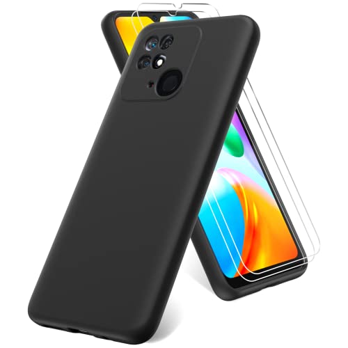 Vansdon Funda Compatible con Xiaomi Redmi 10C, 2 Unidades Protector Pantalla Cristal Templado, Silicona Líquida Gel Ultra Suave Funda- Negro