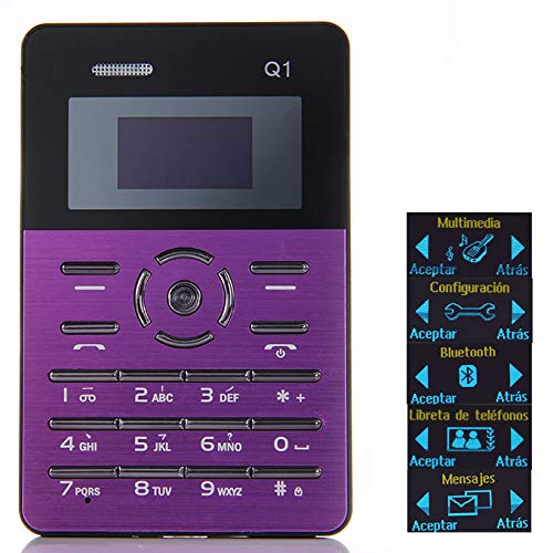 AEIK QMART Q1 - Tarjeta de crédito para teléfono móvil, 2 g, baja radiación más saludable, bolsillo ultrafino de 4 mm, 1.0 pulgadas, GPRS, BT, FM, alarma (morado)