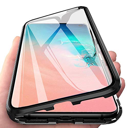 Caler Funda Compatible para Samsung Galaxy A30/A20 Carcasa Magnética Cubierta de 360 Grados Delantera y Trasera de Transparente Vidrio Templado Marco de Metal Protección Flip Case Cover（Negra Negro）