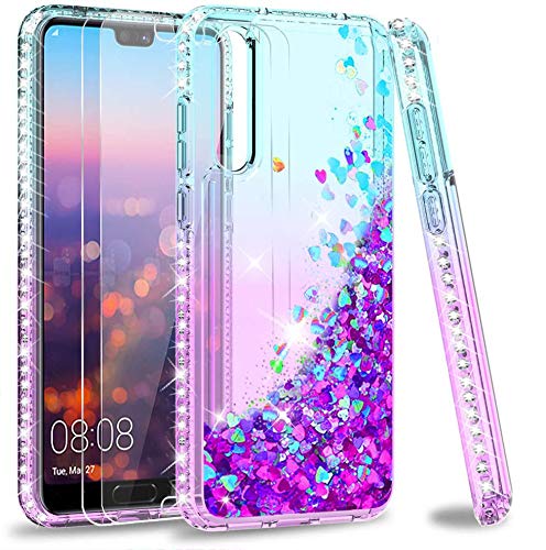 LeYi Funda para Huawei P20 Pro Silicona Purpurina Carcasa con [2-Unidades Cristal Vidrio Templado], Transparente Cristal Bumper Telefono Fundas Case Cover para Movil Huawei P20 Pro, Verde/Morado