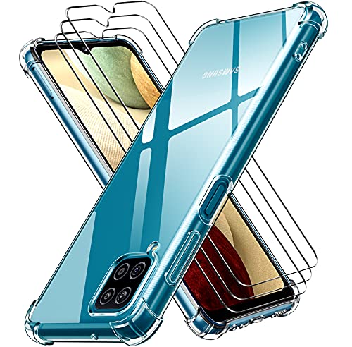 ivoler Funda para Samsung Galaxy A12 / Samsung Galaxy M12 con 3 Piezas Cristal Templado, Carcasa Protectora Anti-Choque Transparente, Suave TPU Silicona Caso Delgada Anti-arañazos Case