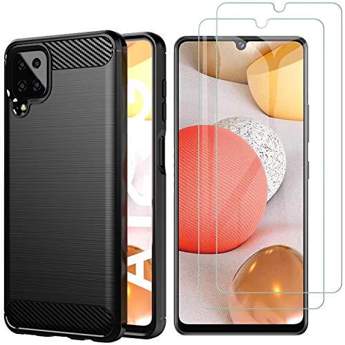 AOYIY Funda para Samsung Galaxy A12/Galaxy M12, Funda TPU de Silicona Suave y Delgada (Negro) + [2 Piezas] Protector de Pantalla de Vidrio Templado para Samsung Galaxy A12/M12