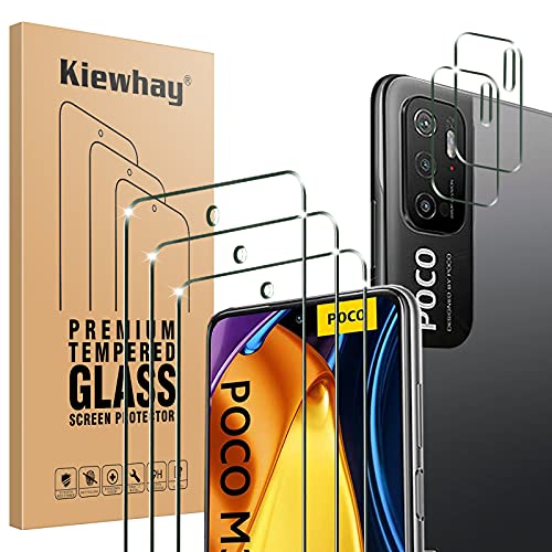 Kiewhay Protector de Pantalla Compatible con Xiaomi Redmi Note 10 5G/ Poco M3 Pro 5G Cristal Templado 6,5'', 3x Vidrio Templado +2x Protector de Lente de Cámara, HD Protector Pantalla - 5 Piezas