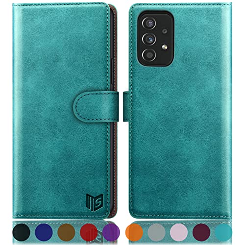 SUANPOT Funda Samsung Galaxy A52 5G&4G/A52S con Tapa 【Bloqueo RFID】de Cuero PU Cierre Magnético，Soporte Plegable，Ranura para Tarjeta Cover para Wallet Leather Samsung Galaxy A52 Phone Case Azul Verde