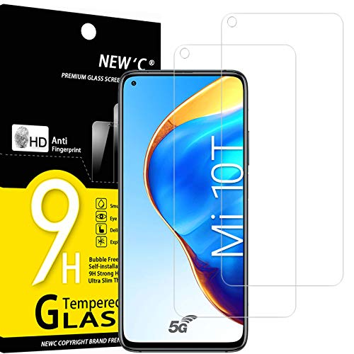 NEW'C 2 Piezas, Protector Pantalla para Xiaomi Mi 10T 5G, Mi 10T Pro 5G, Cristal Templado Antiarañazos, Antihuellas, Sin Burbujas, Dureza 9H, 0.33 mm Ultra Transparente, Ultra Resistente