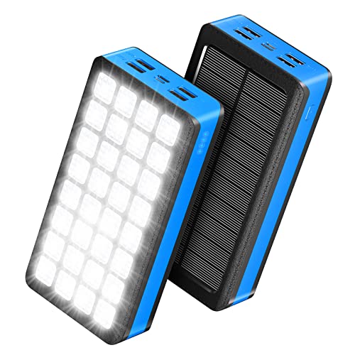 Batería Externa Solar de 30.000 mAh, Carga rápida y 32 Bombillas LED, Cargador Solar para teléfono móvil, para Camping, Exteriores, Compatible con teléfono, Android (Blue)