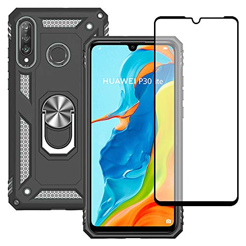 Yiakeng Funda Huawei P30 Lite / P30 Lite New Edition Carcasa con Protector Pantalla Cristal Templado, Silicona Armor Case con Kickstand para Huawei P30 Lite (Negro)