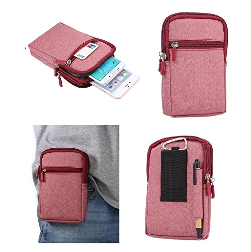 DFV mobile - Universal Multi-Functional Vertical Stripes Pouch Bag Case Zipper Closing Carabiner for Nokia N71 - Red (17 x 10.5 cm)