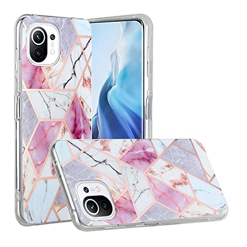 CLM-Tech Funda Compatible con Xiaomi Mi 11 Lite (5G), Silicona TPU Case Cover Carcasa, Mármol Patrón geométrico, púrpura Blanco