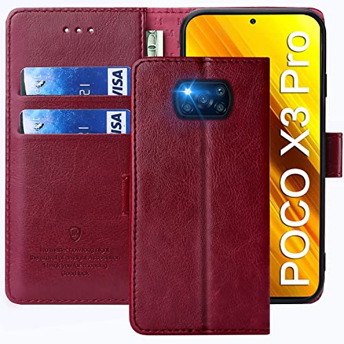 FMPCUON Funda para Xiaomi Poco X3 NFC,Funda Libro Xiaomi Poco X3 Pro Funda con Tapa,Cuero Carcasa Magnético Funda Cartera Móvil para Xiaomi Poco X3 NFC/Poco X3 Pro, Rojo