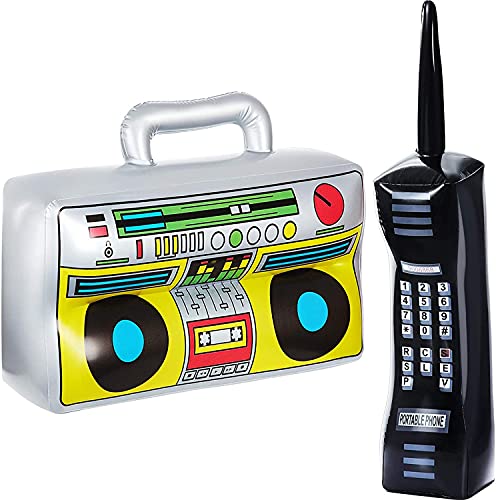 Dreamzfit Juego de suministros para fiestas de los años 80 y 90, caja de radio inflable y accesorios para teléfono móvil retro inflables para decoración de despedida de soltero y despedida de