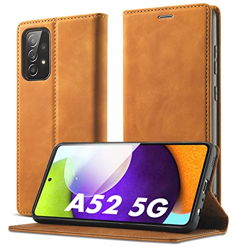 Vansdon Funda para Samsung Galaxy A52/A52S 5G, Premium Piel Carcasa, Soporte Plegable Tapa Flip de PU Ranuras Tarjetas Magnético Protección, Marrón