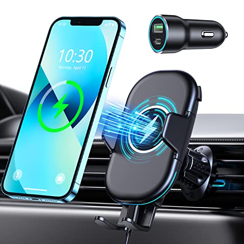 Mohard 15W Qi Cargador Inalámbrico Coche con Adaptador Cargador QC 3.0, Soporte Móvil Coche Carga Rápida, Sujeta Movil Coche Rotación de 360° Compatible con iPhone 14 Pro Max/14/13/XR, Galaxy y Otros