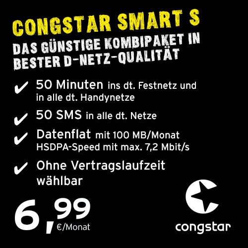 congstar Smart S [Nano-Sim] se Puede anular mensualmente (6,99 Euros/Mes, 100 MB de Datos Planos con máx. 7,2 Mbit/s, 50 Minutos Libres, 50 SMS, 9 CT por min/SMS) en Calidad de Red D.
