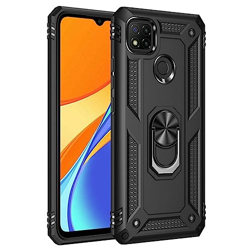 HeStaY Armadura a Prueba de Golpes para Xiaomi para Redmi 9 9T 9A 9C NFC Estuche para teléfono para Redmi Note9 Pro Ring Stand Bumper Silicone Phone Back Cover, Blcak, para Redmi 9C NFC