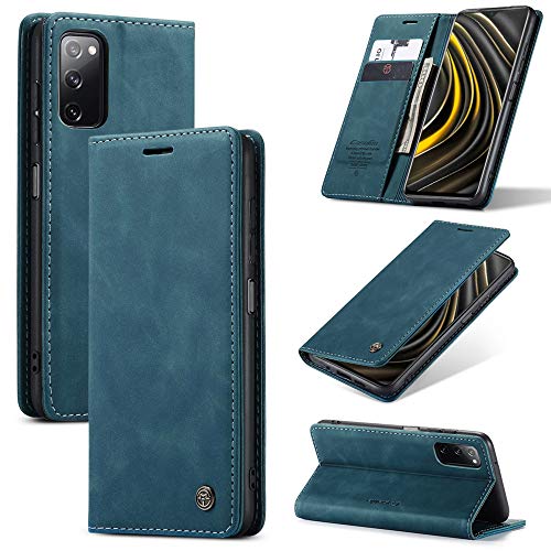 KONEE Funda Compatible con Xiaomi Poco M3, [Ranuras para Tarjetas] [Soporte Plegable] Magnético Carcasa Premium PU Libro de Cuero Flip Folio Carcasa para Xiaomi Poco M3 - Azul-Verde