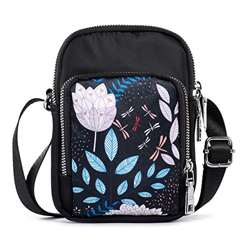 LaRechor Mini Bolsos Bandolera Bolso de Teléfono Movil Bolsos Pequeño de Mujer Niña Bolso Cruzados de Nailon con 3 Compartimentos (Flores)