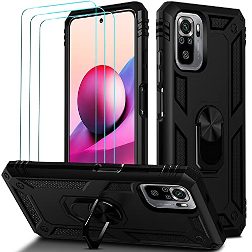 ivoler Funda para Xiaomi Redmi Note 10S / Poco M5s / Redmi Note 10 4G con [Cristal Vidrio Templado Protector de Pantalla *3], Anti-Choque Carcasa con Anillo iman Soporte, Hard Silicona Caso - Negro