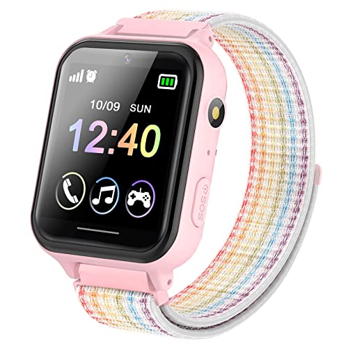 Smartwatch Niños, Reloj inteligente niño con 10 Juego, podómetro, Cámara, Música, SOS, Linterna, Despertador, Reloj Teléfono con Pantalla Táctil y Protector para Niños y Niñas 3-12 Años (rosa)