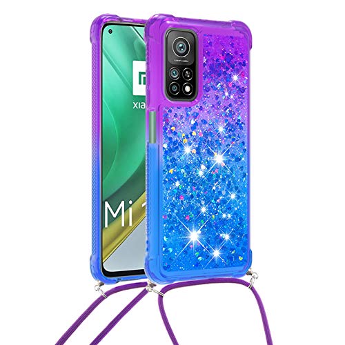 Funda Glitter Liquida con Cuerda para Xiaomi Mi 10T / Mi 10T Pro 5G, Cadena Brillante Cristal Gradiente Silicona TPU Bumper con Ajustable Cordón, Protección Carcasa Case con Arena Movediza