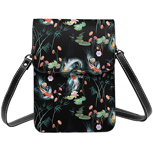 Lsjuee Bolso bandolera negro de jardín de agua japonés, bolso cruzado para teléfono móvil para mujer, cartera cruzada pequeña de Pu, bolso de hombro