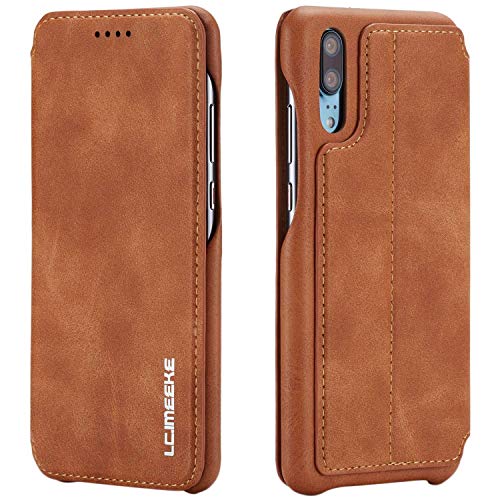 LUSHENG Funda Compatible con Funda Huawei P20, Cuero de Alta Gama TPU Antiimpacto Antihuellas Funda para Teléfono con Tapa - MarróN Claro