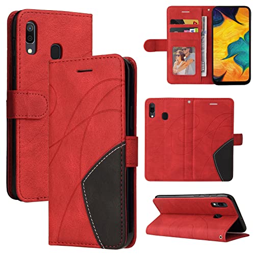 Samsung Galaxy A20 & Galaxy A30 Funda, Funda de Cuero PU Samsung Galaxy A20 & Galaxy A30 Carcasas Flip Case Cover con Función de Soporte Plegable Ranuras para Tapa Tarjetas Magnético Carcasa (Rojo)