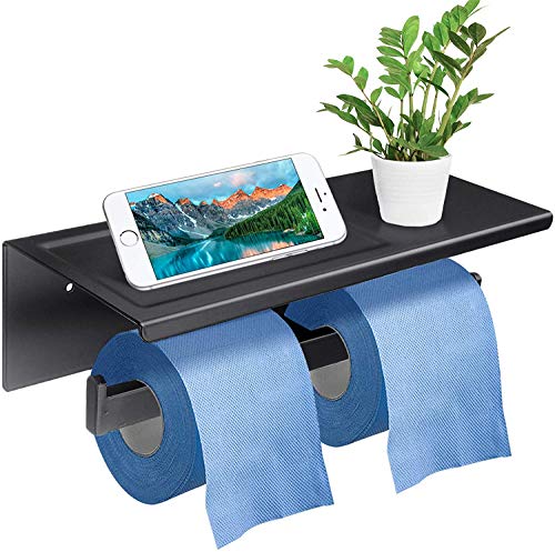 GEMITTO Portarrollos para Papel Higiénico Acero Inoxidable SUS304 Portarrollos de Papel de Doble Rollo Baño con el Teléfono Móvil Estante de Almacenamiento para Baño Cocina, 29.4x11x9.5cm (Negro)