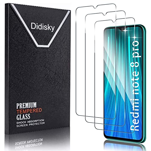 Didisky 3-Unidades Cristal Templado Protector de Pantalla para Xiaomi Redmi Note 8 Pro, Antihuellas, Sin Burbujas, Fácil de Limpiar, 9H Dureza, Fácil de Instalar, Transparente