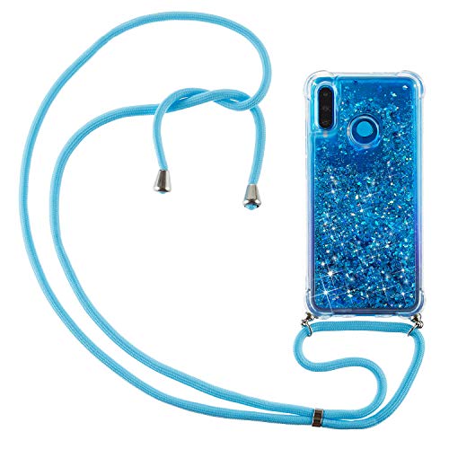 Caselover Funda para Huawei P30 Lite, Carcasa Glitter Liquida Arena Movediza Transparente Silicona Case con Cuerda para Huawei P30 Lite Colgar Ajustable Collar Correa de Cuello Cordón Fundas, Azul