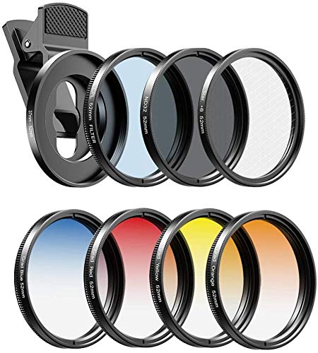 Apexel - Kit de filtros de Lente de cámara para teléfonos móviles (Azul, Amarillo, Naranja, Rojo) CPL, ND32 y filtros de Estrella para Nikon Canon Gopro iPhone y Todos los teléfonos