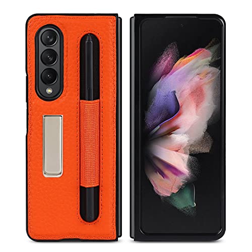 SZLGRZLDZSH RZL Teléfono móvil Fundas para Samsung Galaxy Z Pliegue 3, Caja de Cuero Genuino, Caja del teléfono con Cubierta de Soporte de Ranura para Samsung Galaxy Z Doble 3 (Color : Orange)