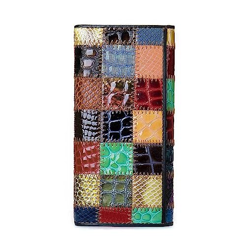 osiuujkw Cartera de mujer PU cuero empalmado monedero largo colorido soporte para teléfono móvil estilo japonés multifunción bolsillo cremallera bolso, Patente/Cuadrado