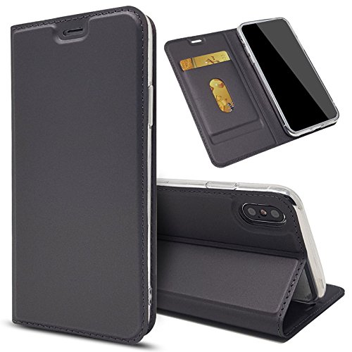 Funda fina para teléfono móvil Samsung Galaxy J7 (2017) con compartimento para tarjetas en color gris oscuro | funda fina | funda protectora como funda tipo libro | funda | funda de silicona