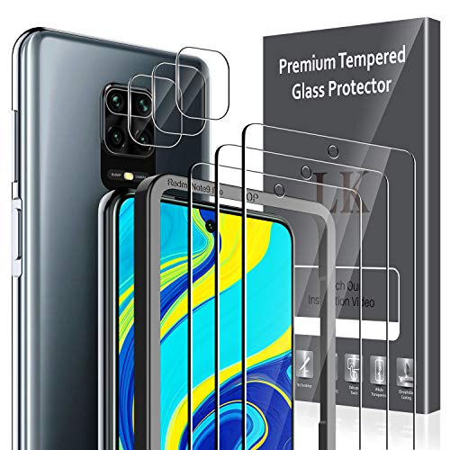 LK 6 Unidades Protector de Pantalla Compatible con Xiaomi Redmi Note 9S / Redmi Note 9 Pro, Contiene 3 Unidades Cristal Vidrio Templado y 3 Unidades Protector de Lente de cámara, Doble Protección