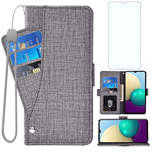 Asuwish Compatible con Samsung Galaxy A02 Funda tipo cartera de vidrio templado y protector de pantalla de cuero con tapa para tarjetas, soporte para teléfono celular Gaxaly A 02 5G Glaxay 02A