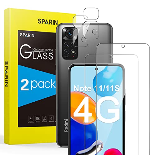 SPARIN 2+2 Protector de Pantalla para Xiaomi Redmi Note 11 /11S 4G 6,43 Pulgadas(NO para 5G), 2 Cristal Templado con 2 Protector de Lente de Cámara, 9H Dureza