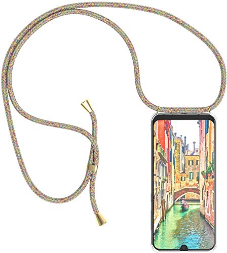 Funda con Cuerda para Huawei Y5 2019 / Honor 8S Funda con Cadena para Teléfono Móvil con Correa ajustable Transparente TPU Silicona Carcasa con Collar de Cordón Funda con Cordón de Colgar,Arco iris