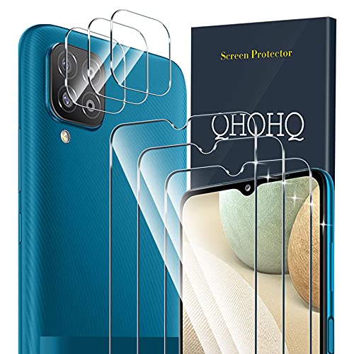 QHOHQ 3 Piezas Protector de Pantalla para Samsung Galaxy A12 ＆ A12 Nacho ＆ M12 con 3 Piezas Protector de Lente de Cámara,Cristal Templado Membrana,9H Dureza, HD, Anti-Arañazos, Fácil de Instalar