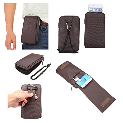 DFV mobile - Multi-Functional Universal Vertical Stripes Pouch Bag Case Zipper Closing Carabiner for Nokia N900 - Brown XXM (18 x 10 cm)