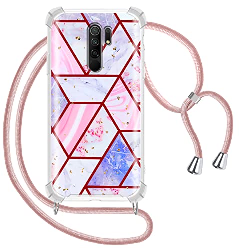 Genrics Funda con Cuerda para Xiaomi Redmi Note 8 Pro, Carcasa Mármol Brillante Ultrafina Rígida PC con Correa Colgante Ajustable Collar Correa de Cuello Cadena Cordón, Oro Rosa