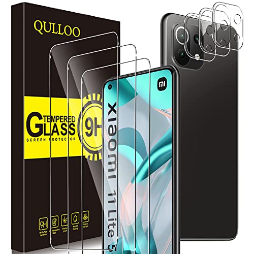 QULLOO Protector de Pantalla para Xiaomi Mi 11 Lite 4G / 5G / 11 Lite 5G NE [3 Piezas] + Protector de Lente de Cámara [3 Piezas], 9H HD Alta Sensibilidad Cristal Templado