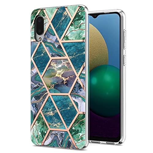 Ffish Funda para Samsung Galaxy A02/M02 de 6,5 pulgadas, diseño de mármol con purpurina de goma de silicona suave TPU y soporte para teléfono celular (azul/verde)