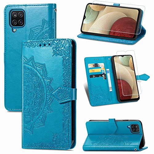 Funda para Samsung Galaxy A12/M12 + Protector de Pantalla Cristal Templado, Carcasa Libro con Tapa Antigolpes Case Cover Mandala Color Azul