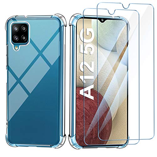 Leathlux Funda para Samsung Galaxy A12 / Samsung Galaxy M12, 2 Pack Cristal Templado Protector de Pantalla,Carcasa Ultra Fina Transparente Suave TPU Silicona Anti-Choques Anti-Amarilleo Anti-arañazos