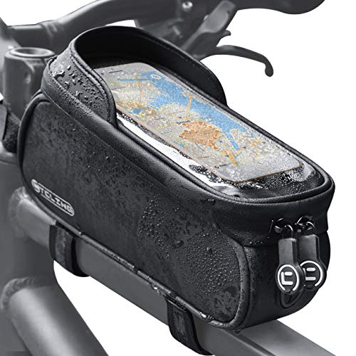 Yolansin Bolsa para cuadro de bicicleta resistente al agua, soporte para teléfono móvil con orificio para auriculares, bolsillo para tubo superior, bolsillo para teléfono móvil, navegador GPS