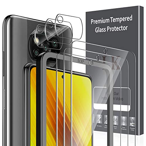 LK 6 Pack Protector de Pantalla Compatible con Xiaomi Poco X3 NFC/Poco X3/Poco X3 Pro, 3 Pack Cristal Vidrio Templado y 3 Pack Protector de Lente de cámara, Doble Protección, Marco de Posicionamiento