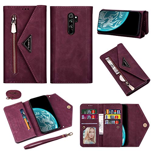 LUSHENG Compatible con Funda Xiaomi Redmi Note 8 Pro, Interior de Lujo de Cuero Alta Gama con Protección Integral, con Ranura para Tarjeta + Función de Soporte - Vino Tinto